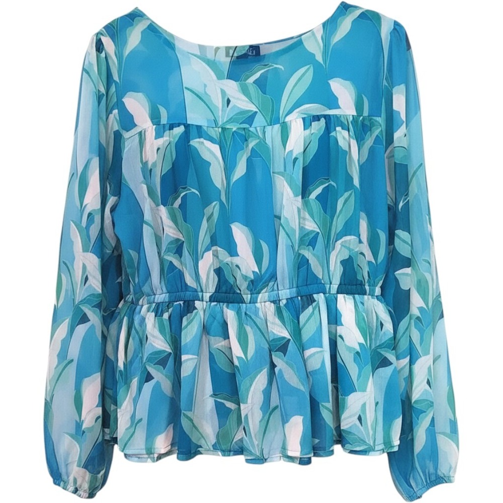 Venus Womens Top Size LG Blue‎ Tropical Leaf Print Peplum Long Sleeve Chiffon